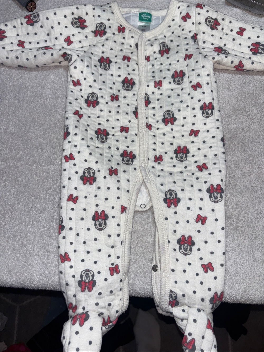 Disney Minnie Mouse White Polka Dot Footed One-Piece with Red Bows